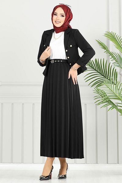 ModaMerve Double Breasted Collar Skirt Suit 4734Mp930-M Black