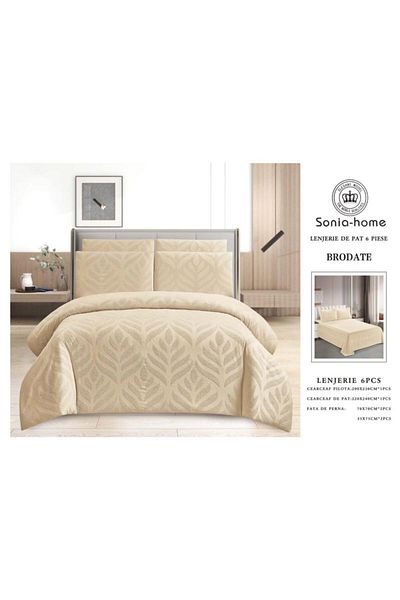 sonia home damasc Embroidered Cotton Bed Linen, Herringbone Design, 6 Pieces - Sonia Home Design - Cream