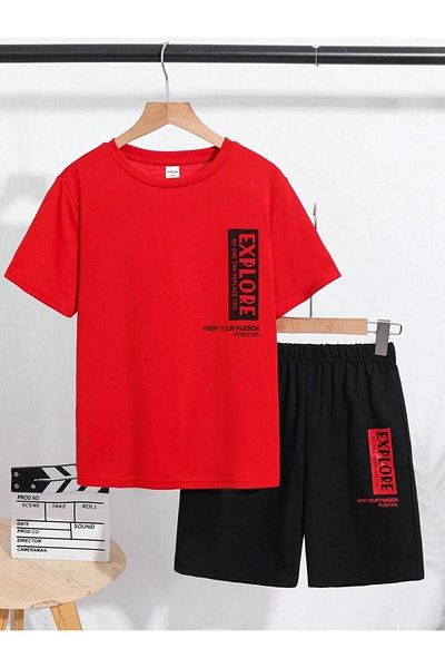 buendiakids Girl'S\Boy's Red-Black Explore Printed Combed Cotton Shorts-Tshirt Set
