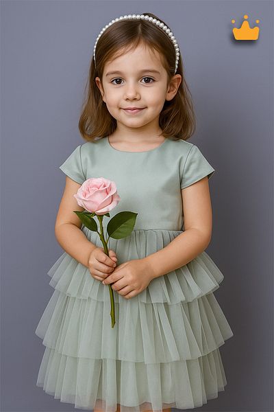 MİNİMONY Βραδινό φόρεμα για κορίτσια 4-8 ετών με μαργαριταρένια κορώνα και τούλι φούστα Εορταστικό νυφικό πράσινο 6572