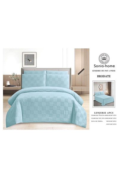 sonia home damasc Embroidered Cotton Bed Linen, Square Design, 6 Pieces - Sonia Home Design - Blue