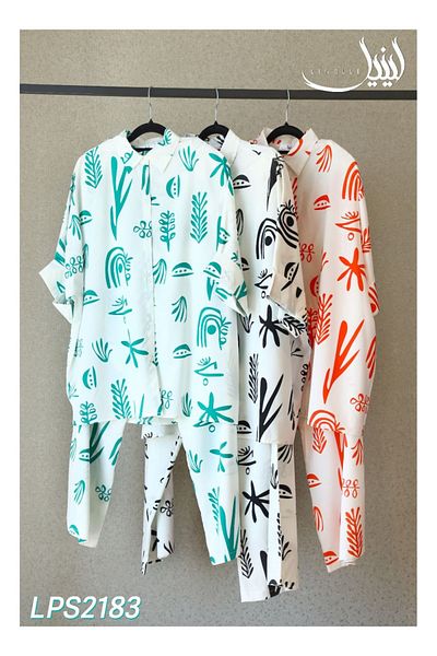 LINELLE Ladies Co-ord Pant Set – Solid Shirt with Printed Pants and Short Sleeves
