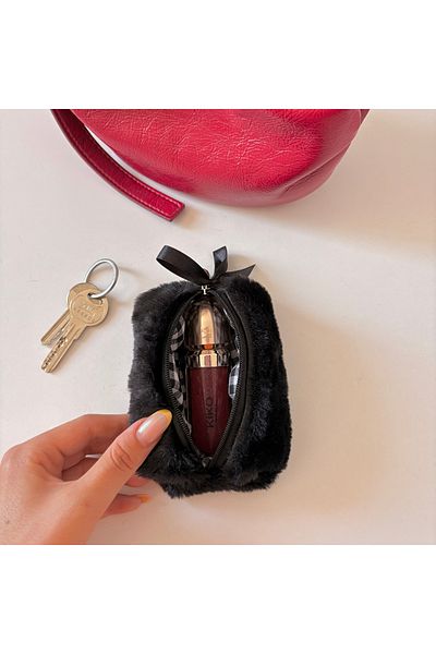 PİNKUE Black Plush Feather Wallet/ Keychain/ Bag Charm