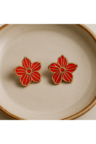 Lu Atelier Rosso– Handmade Red Flower Design Polymer Clay Earrings | Special Design with Gold Detail