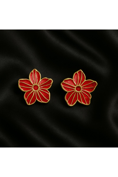Lu Atelier Rosso– Handmade Red Flower Design Polymer Clay Earrings | Special Design with Gold Detail