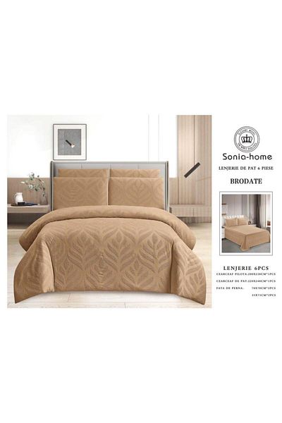 sonia home damasc Embroidered Cotton Bed Linen, Herringbone Design, 6 Pieces - Sonia Home Design - Brown