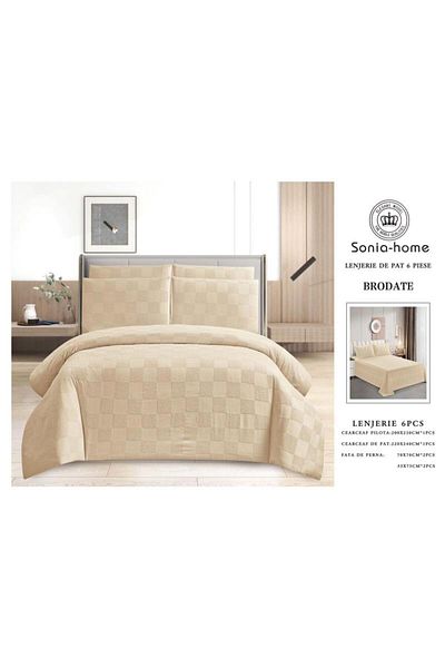sonia home damasc Embroidered Cotton Bed Linen, Square Design, 6 Pieces - Sonia Home Design - Cream