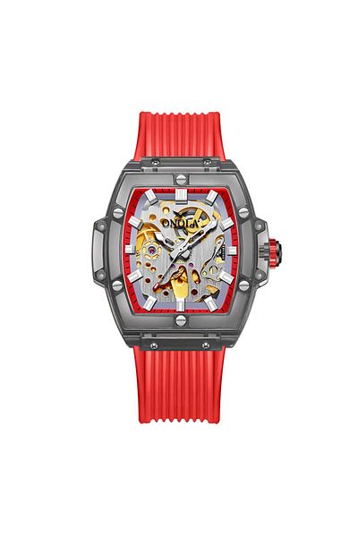 onola Men's Watch Transparent, Automatic, Silicone Strap, Skeleton Red