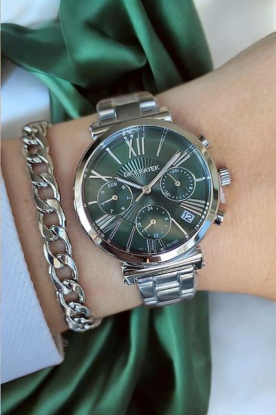 Dice Kayek 5Atm Waterproof Green Dial Steel Women Wristwatch Bracelet Gift with All Functions Active Calendar