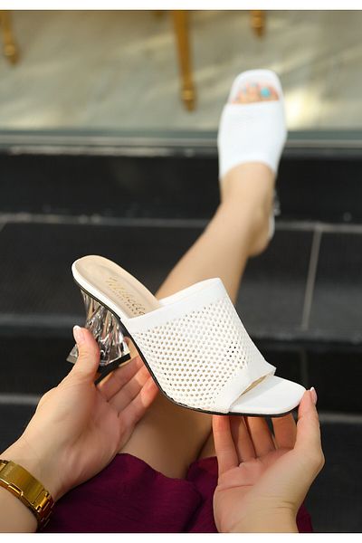 Zerenyus Akva White Knitwear Transparent Heeled Slippers