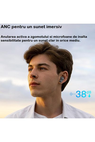 Smart Vibe Căști wireless TOZO® AeroSound3 ANC hibride, tehnologie de apelare AI, Bluetooth 5.4, autonomie 35 h, negru fumuriu