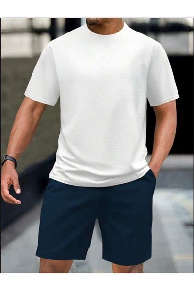 BYMEER Unisex White Navy Blue Shorts Suit