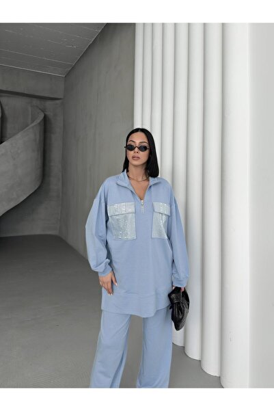 Basicpark İNDİGO Kadın Oversize Yarım Fermuar Kapamalı Cep Üzeri Taşlı Bol Paça Pamuklu Örme Alt Üst Takım