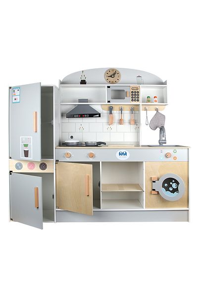 LITTLE ANGEL Luxury Kids Wooden Kitchen Play Set With Oven, Microwave, Storage & Accessories