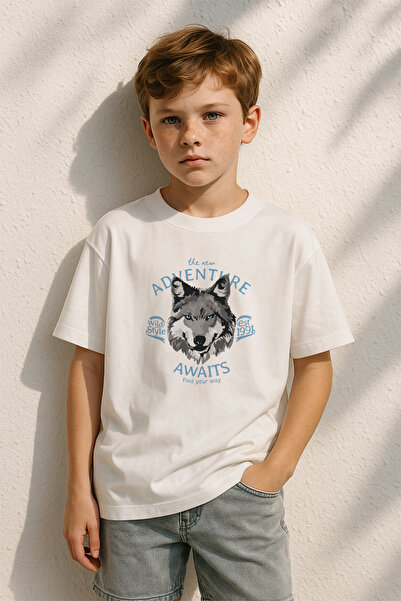 TARZ STİL Erkek Çocuk Oversize Kurt Baskılı Kısa Kollu Tişört 14634