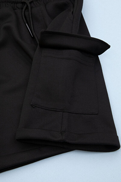 Cansın Mini Siyah Beli Lastikli Jogger Kumaş Tek Kargo Cepli Erkek Çocuk Şort 21153