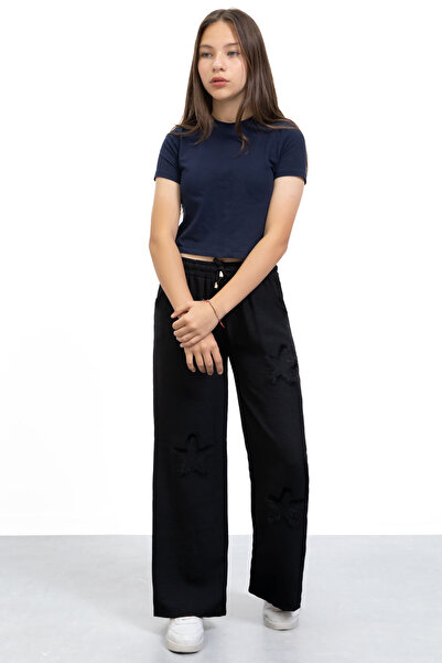 Cansın Mini Siyah Yıldız Nakışlı Geniş Paça Rahat Kumaş Kız Çocuk Pantolon 21146