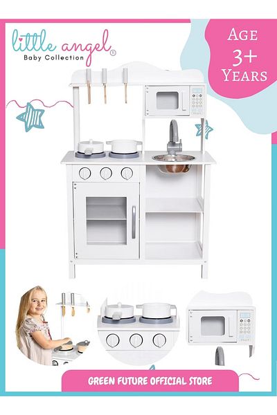 LITTLE ANGEL Kids Wooden Play Kitchen Set with Microwave, Oven, Sink & Utensils – White Toy for Kids