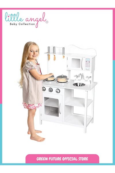 LITTLE ANGEL Kids Wooden Play Kitchen Set with Microwave, Oven, Sink & Utensils – White Toy for Kids