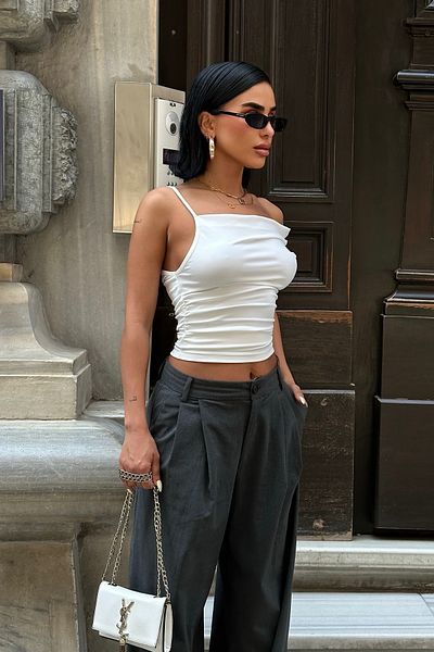 World Fashion Trends Wft8004 Asymmetric Volant Flexible Crop Top