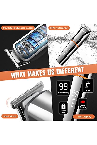 Pritech 6-in-1 Hair Clippers & Beard Trimmer Kit, USB Rechargeable (Silver)