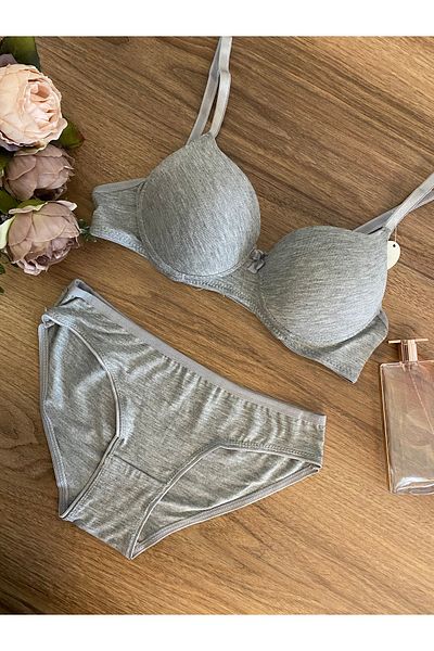 RUYAZ Cotton Breathable Padded Bra Panty Set Comfortable Daily Underwear Set Gray