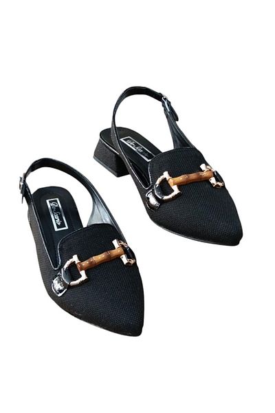 De Scario De Scarıo 593 Women's Buckle Linen Woven Short Heeled Open Back Shoes