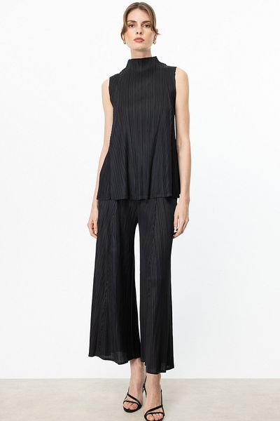 Ekol Elastic Waist Accordion Fabric Trousers Black