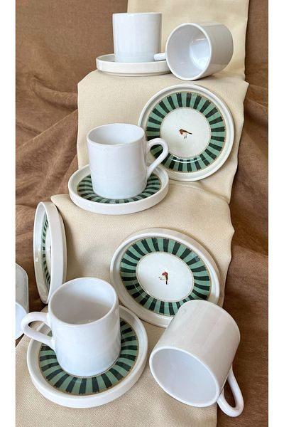 Erbaşlar Love Bird Green Series 12 Piece Luxury Ceramic Coffee Cup Set Turkish Coffee Cup