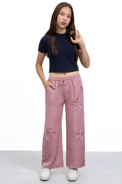 Cansın Mini Pink Star Embroidered Wide Leg Comfortable Fabric Girl's Trousers 21148