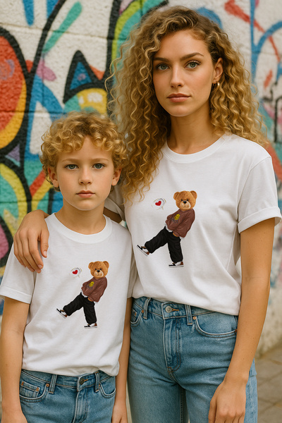 TARZ STİL تي شيرت مطبوع عليه Love Cool Bear متوافق مع الأم والابن 11167