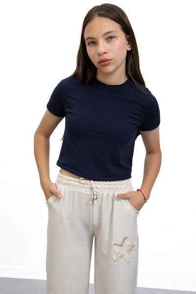 Cansın Mini Cream Star Embroidered Wide Leg Comfortable Fabric Girls' Trousers 21147