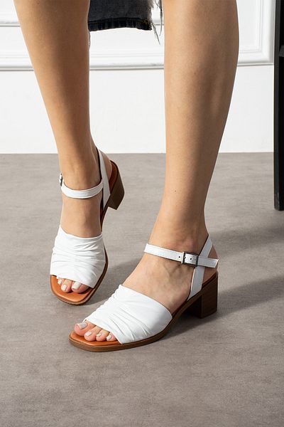 CUCA Genuine Leather Ankle Strap Elastic Pleated Detail Daily Women's Sandals