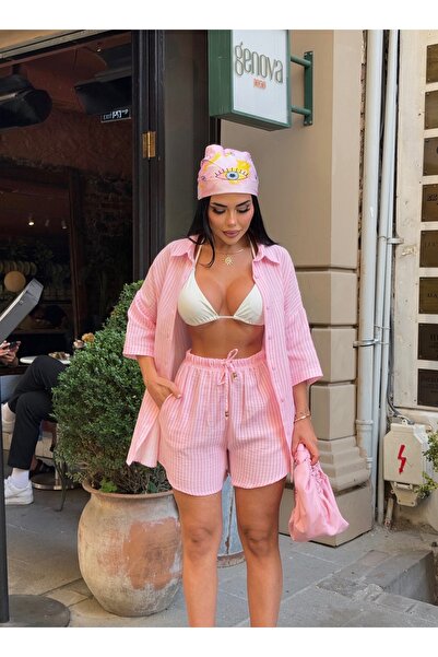 LB Laluna Butik Women's Linen Striped Oversize Shirt Shorts Set