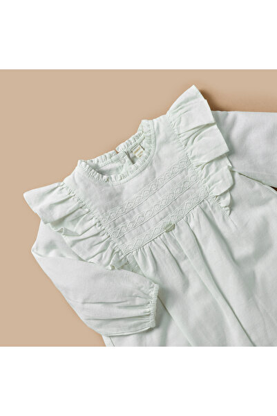 giggles Textured Romper With Long Sleeves And Ruffle Detail