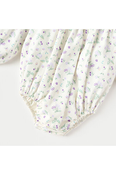 Juniors Floral Print Collared Neckline Romper With Long Sleeves And Button Closure