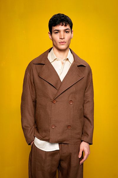 GIESTO 100% Linen Double-Breasted Brown Jacket