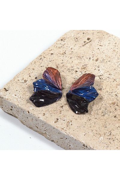 NARRU Handmade NARRU earrings, half flower, with black, copper and blue petals, Mary 12