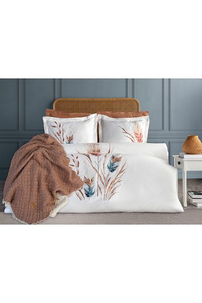 Dantela Bohemian Embroidered Double Duvet Cover Set & Bedspread Set - Cream