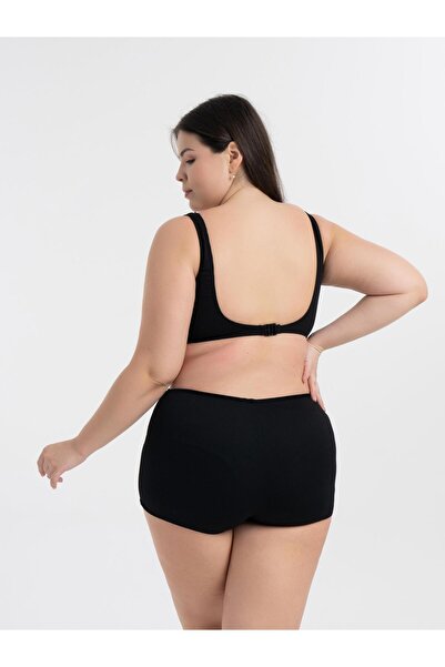 AQUAVİVA Women's Black Ribbed Plus Size Quinn Double Breasted Detailed Gathered Shorts Bikini Set