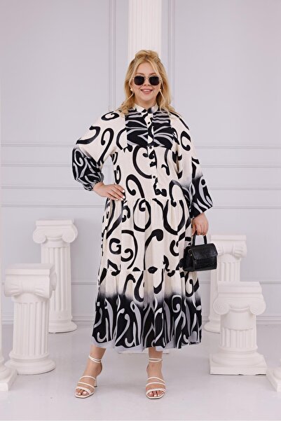 Siyezen Plus Size Button Detailed Flared Dress with Elastic Sleeves