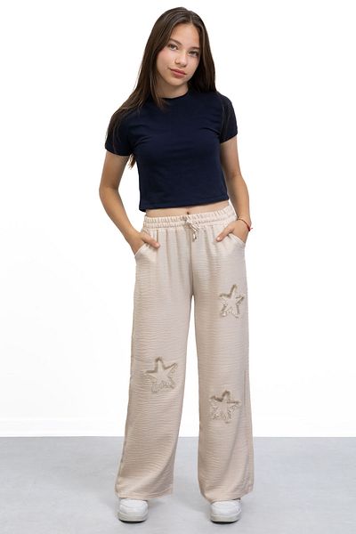 Cansın Mini Beige Star Embroidered Wide Leg Comfortable Fabric Girls' Trousers 21149