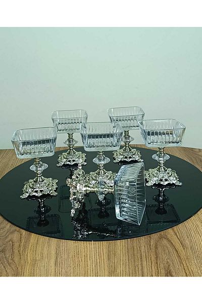 Elta Collection 6 Pieces Metal Leg Silver Detailed Magnolia-Bowl-Ice Cream Bowl-Sugar Bowl-Presentation Bowl