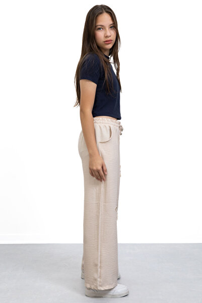 Cansın Mini Beige Star Embroidered Wide Leg Comfortable Fabric Girls' Trousers 21149