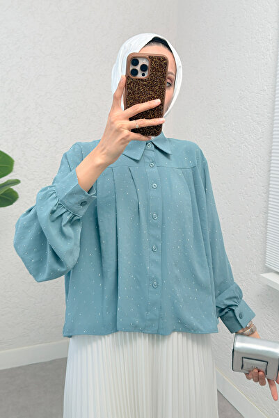 Salih Çelebi Pleated Stone Decorated Shirt 2286 - Mint Green