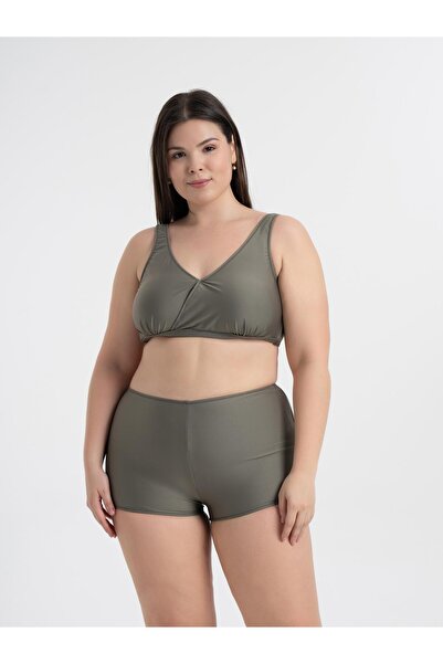 AQUAVİVA Women's Khaki Green Plus Size Quinn Double Breasted Detailed Gathered Shorts Bikini Set