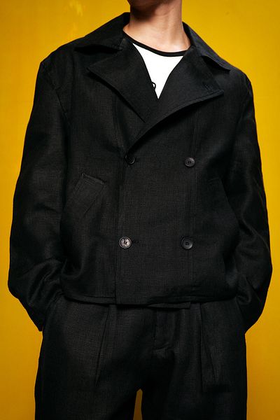 GIESTO 100% Linen Double-Breasted Black Jacket