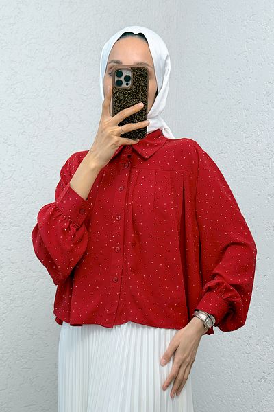 Salih Çelebi Pleated Stone Decorated Shirt 2286 - Red