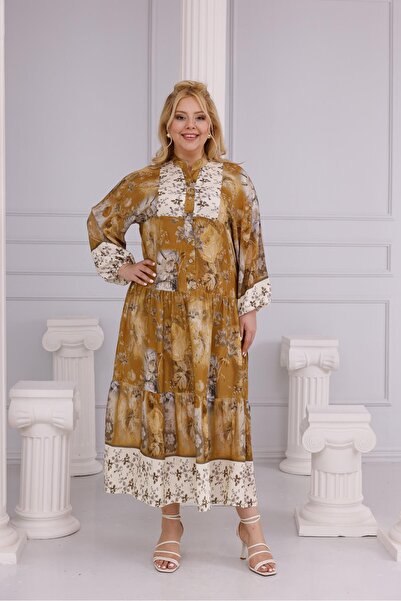 Siyezen Plus Size Button Detailed Flared Dress with Elastic Sleeves