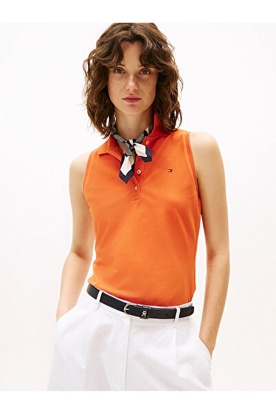 Tommy Hilfiger Kadın Polo Yaka Düğme Kapama Sıfır Kol Turuncu Polo Yaka T-Shi...